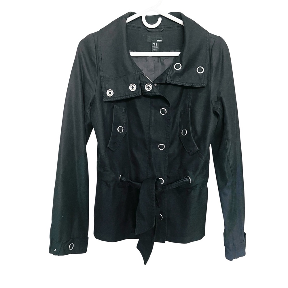 H&M Black Cropped Trench Coat SZ 4 Classic Casual Belted High Collar 2000s